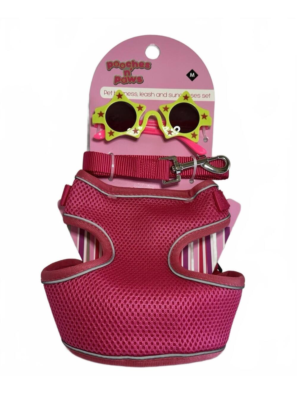 Pooches n Paws M Hot Pink Pet Harness, Leash, & Star Yellow Sunglasses Set, NWT